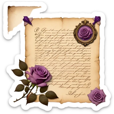 An antique handwritten letter on aged parchment, delicately adorned with dried light mauve roses, their petals slightly curled with time, resting beside it. A deep tyrian purple wax seal, intricately stamped with an ornate crest, secures the letter, evoking a vintage aesthetic of romance and mystery. The soft glow of candlelight casts gentle shadows, enhancing the nostalgic charm of the scene. sticker