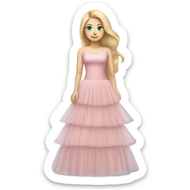 Realistic White woman with Long blonde straight hair and green eyes, full body wearing Long soft pink tiered tulle dress, isolated sticker