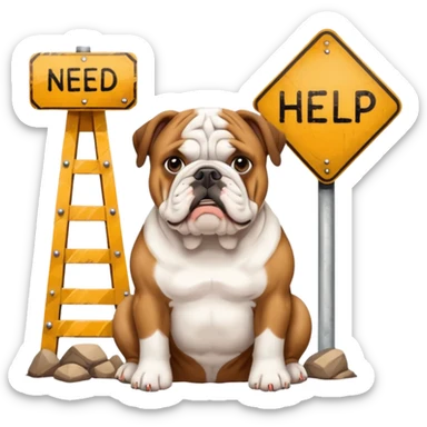 english bulldog sitting beside a 'need help' sign sticker