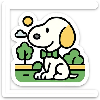 Snoopy, outlined and colorful, with a green bowtie, with a park background sticker