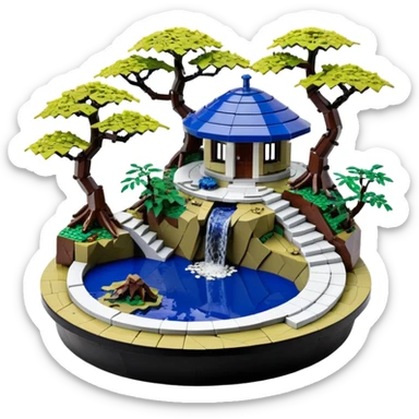 Crashed Alien saucer pool-house Lego jungle winding staircase lakeside mountainside-island getaway haunted nighttime landscape antique mudman very old broken cracked intricate Stone Age lapis-crusted irregular dodecagon-shaped shallow dark moss rough bark violet flowered maple tree bonsai sticker