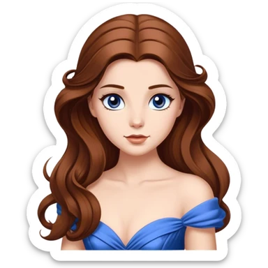Cinematic Elegant Belle Portrait Emoji, rendered in a realistic, vector-style with minimal shading and bold, simplified shapes. Depict Belle (chest and above) with fair, luminous skin, deep brown expressive eyes, and long, flowing chestnut hair styled elegantly, wearing her classic blue ball gown. The image glows with a soft, warm radiance and high shine, capturing timeless refined beauty. sticker