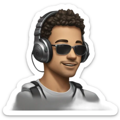 Young man wearing thrash metal t shirt and large pair of headphones sticker