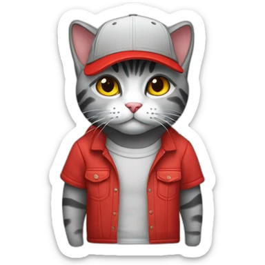 A cat standing up wearing a red and black squared shirt, and wearing a light grey Snapback cap sticker