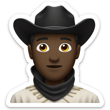 a black guy with fair skin, wearing a black cowboy hat and a black bandana covering the lower part of his face. A dark brown poncho is visible. Angle: upper body, accent on the face sticker