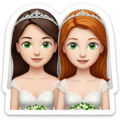 A tall, pale woman with very dark brown hair and green eyes marrying a shorter ginger woman with blue eyes, both in wedding dresses. sticker