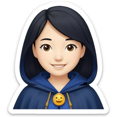 braid black hair, white asian girl, dark blue cloak, happy smile sticker