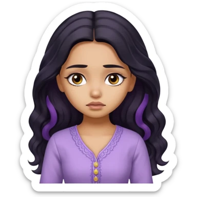 a pretty tan bratz girl with long wavy black hair, wearing a light purple kurti. looking sad sticker
