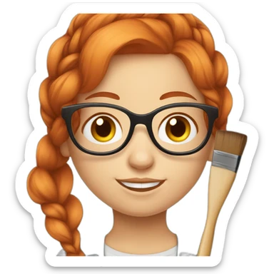 Redhead artist painter girl with a braid, large round glasses and a brush, on a white background sticker