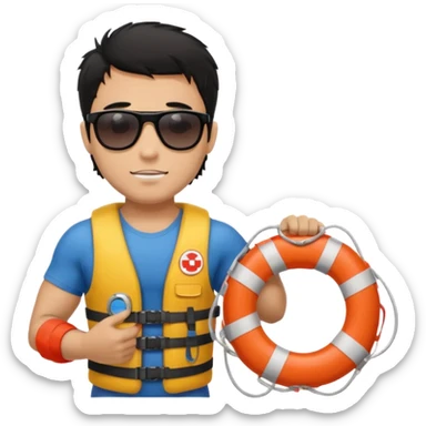 Dark Tan Muscular lifeguard with messy black hair with sunglasses, with life preserver sticker