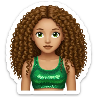 Melanie Brown with long brown curly hair, green sequin crop top, brown eye sticker