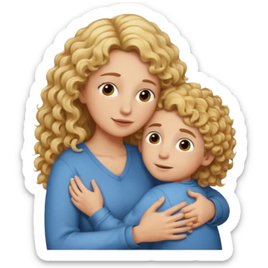 a mother with blond curly long hugging his son with brown hair and like saying its okay sticker