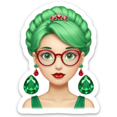 gem lover woman with gem accessories excessive amount gem glassess very big gem earrings green bun hair and red diamonds sticker