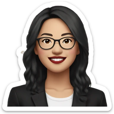 Asian girl, smiling with teeth, fair skin, black long hair, black eyes, black glasses with gold frames, red lipstick, wearing a white lace tank top and a black office jacket on top, with pink and red roses around her sticker