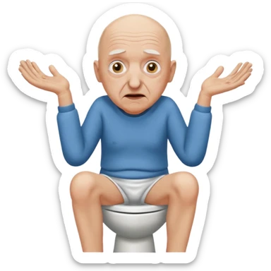 A bald person who’s very old is staring, he’s inside a toilet and his head is upright and looking at the camera with very wide eyes and his hands are putting pressure on his head, very scared expression and he’s shaking his butt sticker
