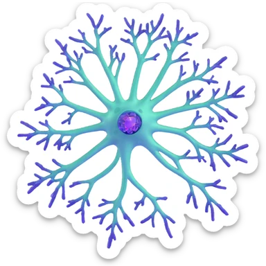 3D style neuron with blue soma, purple dendrites, green axon with myelin, encircled by luminous shield-like barrier, detailed scientific realistic rendering sticker