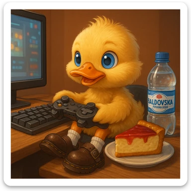 a small duck with blue eyes, wearing white socks and Dr. Martens Jorge slippers, playing games on a computer, drinking Baldovská mineral water, and eating cheesecake, detailed, vibrant, cute sticker