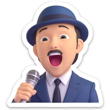 Ruben Blades emoji, singing into a microphone, expressive face, classic suit sticker