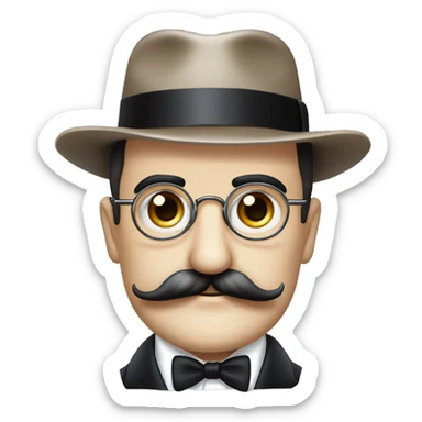 Hercule Poirot. Tête ronde. moustache peignée. Crâne chauve. Yeux marrons. Lunettes binocles. Chapeau sticker