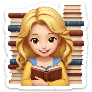 Cinematic Adorable Belle Portrait Emoji, Giggling as she hugs a stack of books, eyes twinkling with excitement, golden hair tousled slightly, a perfect mix of beauty and endearing nerdiness! sticker
