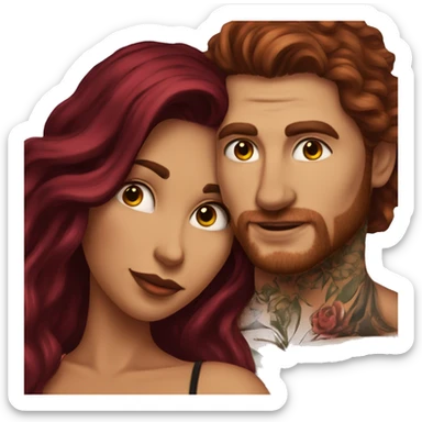 Beautiful tattooed burgundy long haired woman laying on the boyfriends chest sticker