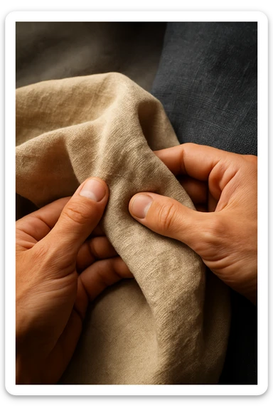 Primo piano di mani che toccano tessuto di lino grezzo, texture naturale dettagliata, colori puri e genuini, luce che rivela la bellezza delle imperfezioni naturali, mentre i sintetici appaiono artificiali e freddi in secondo piano sticker