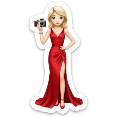 an actress standing on a red carpet with a formal dress, with only one film camera next to her. sticker