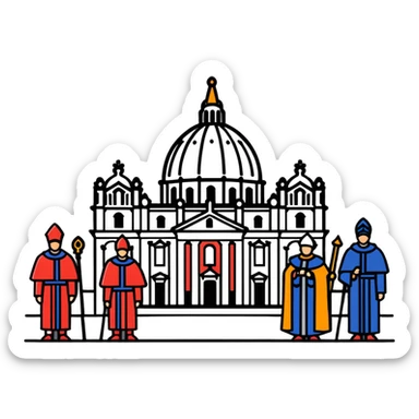 A solemn papal funeral scene with St. Peter's Basilica, Swiss Guards, and mourning cardinals sticker