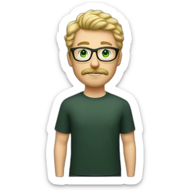 young adult white man with short, curly blond hair, green eyes, transparent acetate glasses, a mustache, and a short beard. black t-shitt sticker