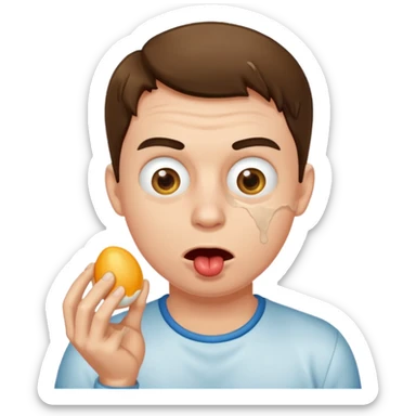 guy drooling alot of spit, holding egg sticker