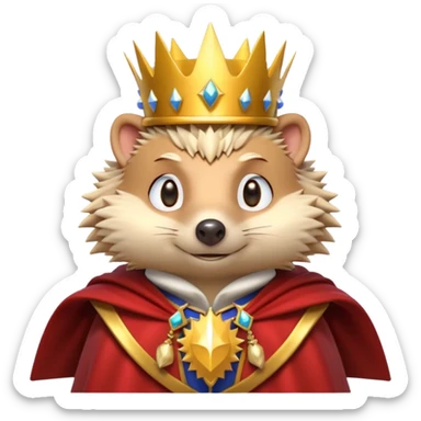 king hedgehog portrait, head and shoulders only, wearing a small golden crown, royal cape collar, proud confident expression, cute spiky fur details, fantasy royal vibe, 3D cartoon, mobile game icon style, clean background, no text, no watermark
 sticker
