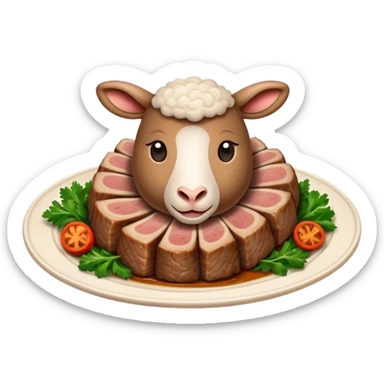 Roast Lamb Cinematic Realistic Roast Lamb Dish Emoji, depicted as thinly sliced roast lamb arranged artfully on a plate, rendered with rich textures and warm, inviting lighting. sticker