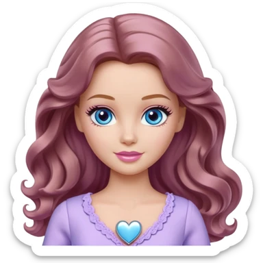 Barbie girl Chestnut long wavy hair and blue eyes is In pale purple clothes a silver heart  sticker