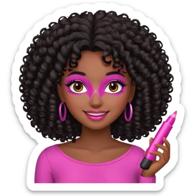 emoji of a young woman with dark brown skin, voluminous curly black hair, brown eyes, pink makeup, smiling sticker