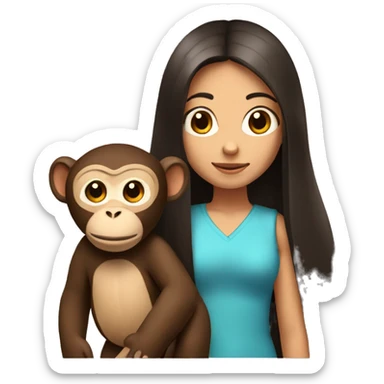 girl with dark brown long straight hair with monkey on her shoulder  sticker