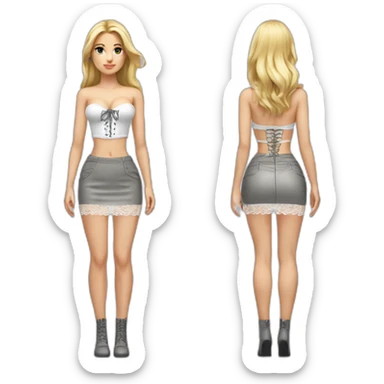 hyperrealistic caucasian female, long straight blonde hair, white lace up bustier, grey mini tight skirt, body view sticker