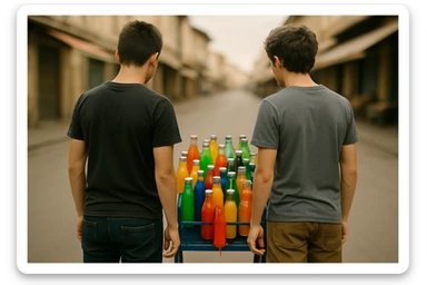 endi shu aravani bir balonchasi singan ko'rinishda va aka uka uning yonida turganini tasvirla yuzlari ko'rinmasin sticker