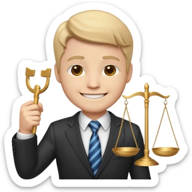 lawyer emoji, wearing suit and tie, holding scales of justice, neutral background sticker
