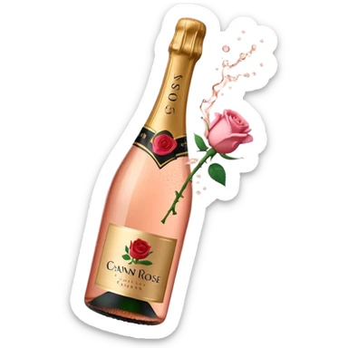 bottle of sparkling rosé champagne with a rose logo on the label, with the cork popping out from the top, tilted up and to the left, no glass sticker