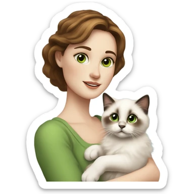 white woman with medium-length brown hair, green eyes and freckles on her nose, holding her birman kitten in her arms with much love, the baby cat has a lot of spots of dark on ears and middle of the face and blue eyes. sticker