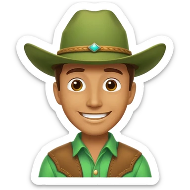 Cowboy with a bright green cowboy hat, smiling face sticker