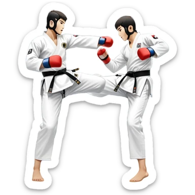Two taekwondo fighters in traditional white doboks with black belts compete in a dynamic match. One executes a high spinning kick, while the other blocks skillfully. The background features a professional arena with bright lights and spectators. Transparent background. sticker