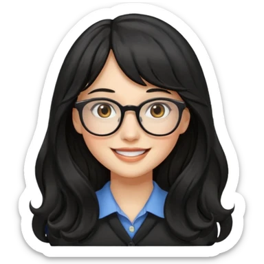 Please generate a portrait of a pretty girl with long, wavy, black hair. She's smiling. She also wears a middle parting and bangs. with glasses sticker