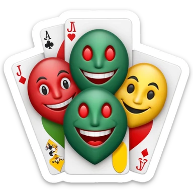bunch of 3 poker cards, with crazy colorful human jolly jokers inside, inversed face sticker
