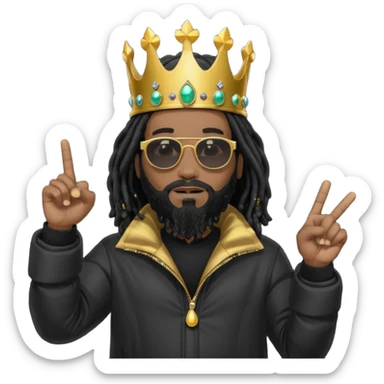 African American man with shoulder length black dreadlocks with black beard wearing black sunglasses wearing Crown on his head wearing a black bubble mens winter coat pointing to himself sticker