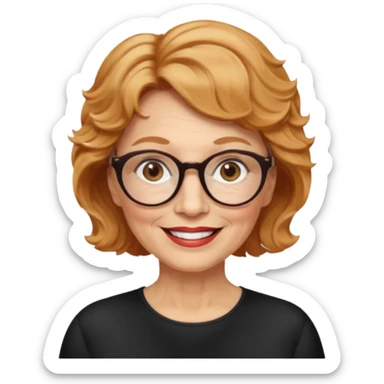 woman 70 years old, very short strawberry blonde weavy hair, brown eyes and round dark glasses smile sticker