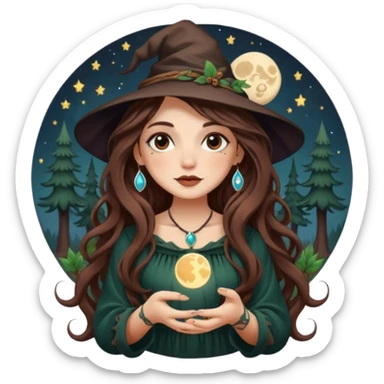 cute forest witch woman long wavy brown hair tattoos holding tiny moon sticker
