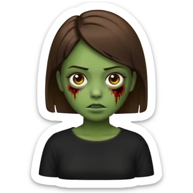 Zombie girl emoji verde um pouco escuro com cabelo curto liso castanho no ombro com uma blusa preta sticker