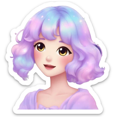 Gorgeous pastel anime style lady blushing nebula-gradient-sparkle face dreamy idol model colorful shiny stars galaxy kawaii cottagecore pearly petite simplistic aesthetic trending style sticker