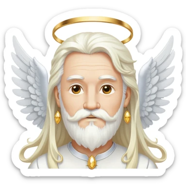 Wise deity with white angel wings, long white hair, beard and mustache, wearing gold drop earrings, heavenly appearance sticker